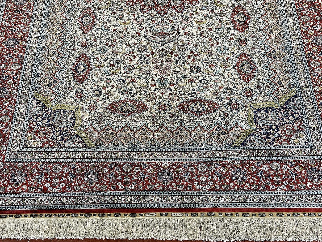 TURKISH VINTAGE FINE ALL SILK TABRIZ DESIGN SIGNED - OZIPEK - 8 X 11 - Image 2