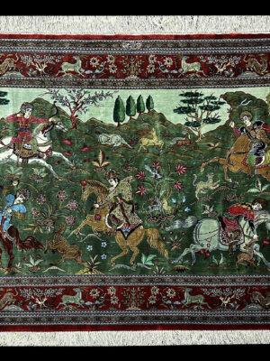 PERSIAN HUNTING SCENE QUM SIGNED BY KUMAR ABBASSI 3.4 X 5.5