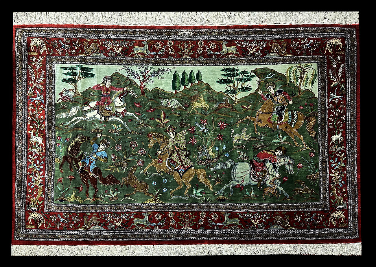 PERSIAN HUNTING SCENE QUM SIGNED BY KUMAR ABBASSI 3.4 X 5.5