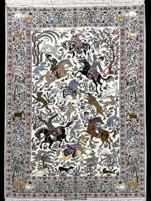 PERSIAN VINTAGE ISFAHAN HUNTING SCENE SIGNED BY KEYVAN 5.2 X 8.5