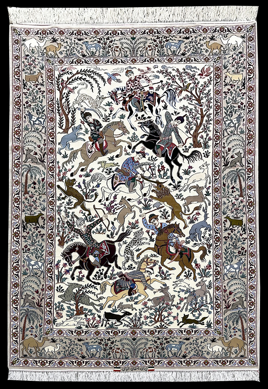 PERSIAN VINTAGE ISFAHAN HUNTING SCENE SIGNED BY KEYVAN 5.2 X 8.5