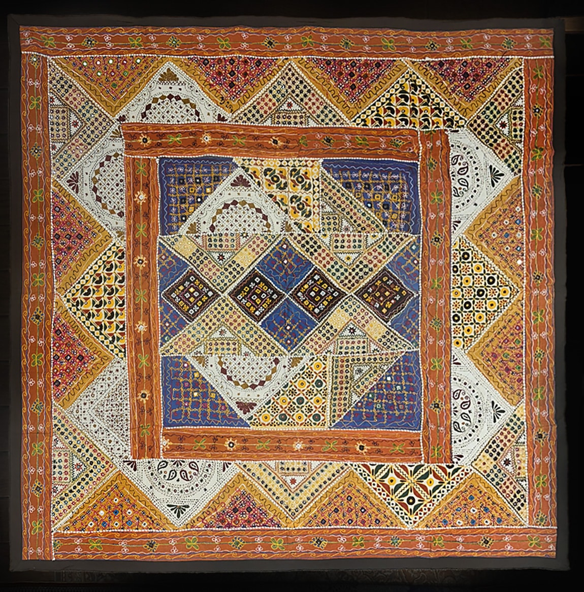 INDIA AGRA OR RAJESTAN HAND EMBROIDERY TEXTILE 7.6 X 7.6